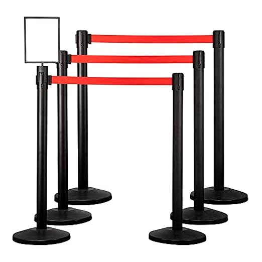 Qbuster Black Stanchions with Retractable Belts, Crowd Control Safety Barrier with 11’ Red Belts, 1 Sign Holder, Set of 6 Posts