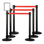 Qbuster Black Stanchions with Retractable Belts, Crowd Control Safety Barrier with 11’ Red Belts, 1 Sign Holder, Set of 6 Posts