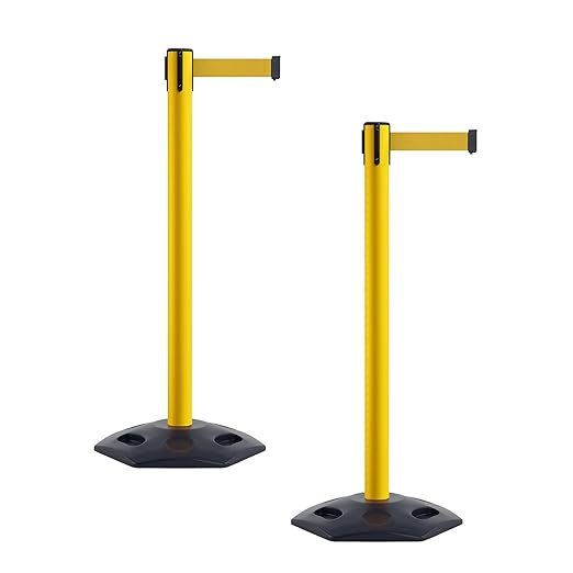 CCW Series WBB-200 Set of 2 Outdoor Safety Rubber Base Stanchion Retractable Belt Barriers - Easy to Assemble, No Tools Required (11 Foot Belt, Yellow Belt with Yellow Post)