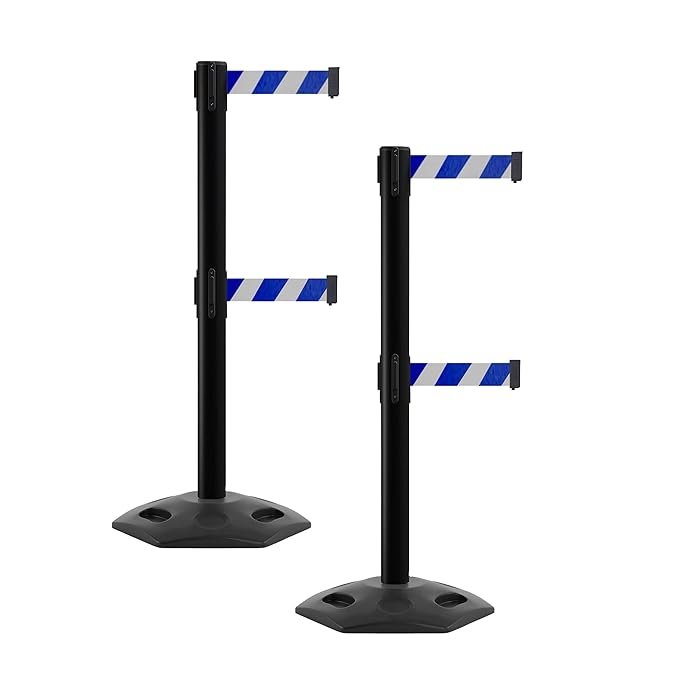 CCW Series WBB-200D - Set of 2 Retractable Dual Belt Barrier Stanchion, Heavy Duty Rubber Base, Black Post (9 Foot Belt, Blue and White Diagonal Belt)