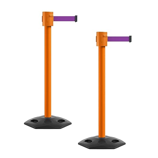Montour Line MSR760 Set of 2 Retractable Belt Barrier Stanchion, Rubber Base, Orange Post (35 ft Purple Belt)