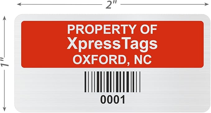 XpressTags 1" x 2" Custom Asset Labels with Barcode & Serial Number, Fixed Inventory Asset Tags, Brushed Metalized Silver Polyester Stickers - Pack Sizes 100 to 5000, Made in USA