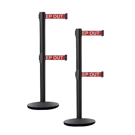 Crowd Control Warehouse CCW Set of 2 Dual Retractable Belt Barrier Stanchion, Cast Iron Base Black Post, IRBB-100D (9 Belt, Red with"Danger - Keep Out" White Letters Belt)