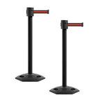 Montour Line MSR760 Set of 2 Retractable Belt Barrier Stanchion, Rubber Base, Black Powder Coated Post (35 ft Black with Horizontal Red Stripe Belt)