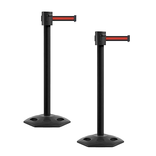 Montour Line MSR760 Set of 2 Retractable Belt Barrier Stanchion, Rubber Base, Black Powder Coated Post (35 ft Black with Horizontal Red Stripe Belt)