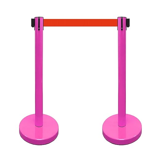 VIP Crowd Control Retractable Belt Stanchion Queue Safety Barrier Set, 36" Ht, 78" Belt (2 M.Pink Posts Red Belt)