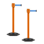Montour Line MSR760 Set of 2 Retractable Belt Barrier Stanchion, Rubber Base, Orange Post (35 ft Light Blue Belt)