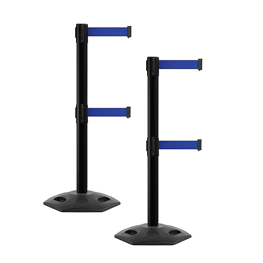 CCW Series WBB-200D - Set of 2 Retractable Dual Belt Barrier Stanchion, Heavy Duty Rubber Base, Black Post (9 Foot Belt, Dark Blue Belt)