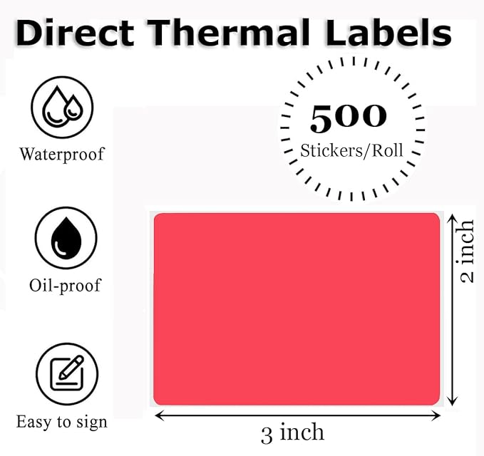 3" x 2" Thermal Labels Stickers Red, Thermal Printer Shipping Stickers, Multipurpose Inventory Self-Adhesive Direct Thermal Label for Small Business (500 Labels/Roll)