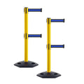 CCW Series WBB-200D - Set of 2 Retractable Dual Belt Stanchion Safety Barrier, Heavy-Duty Rubber Base Yellow Post (9 Foot Belt, Black with Horizontal Blue Stripe Belt)