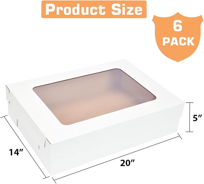 JJO 6 Pack 20x14x5 Inches Sheet Cake Box with Window Large Bakery Boxes Corrugated Rectangle Cake Boxes for 18x12 Inch Quarter Sheet Cake,Donuts,Brownie,Pastry Baking,Muffins,Cupcake