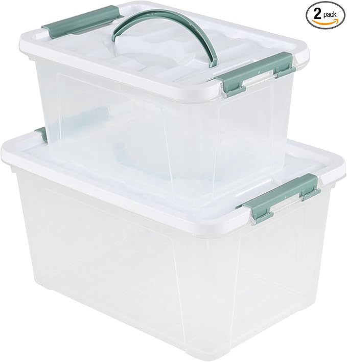 2-Pack Plastic Lidded Storage Box with Handle, Organizing Container with Lid and Latching Buckles (7 Quart/14 Quart)
