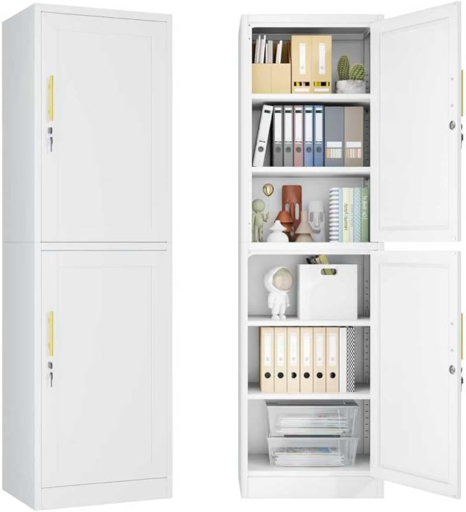 2 Door Metal Locker Cabinet, 19.7’’W Narrow Vertical Steel Storage Cabinet with Locking Door and 4 Adjustable Shelves, Garage Tool File Cabinets for Office, Kitchen, Bathroom, White