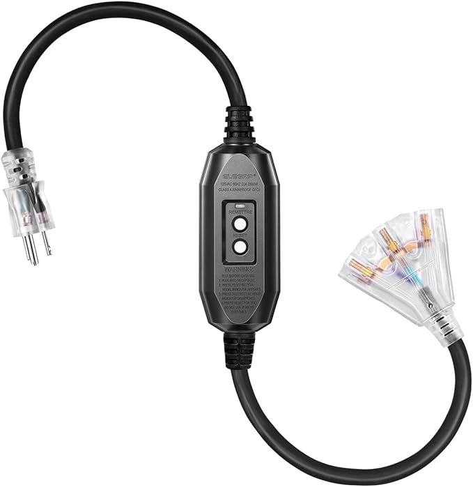 3 FT Auto GFCI Extension Cord Outdoor with 3 Prong Plugs, 12/3 SJTW Heavy Duty Power Cable with Multiple Outlets, 3 Outlets with Indicator Light, UL Listed, Black