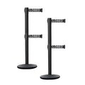 Crowd Control Warehouse CCW Set of 2 Dual Retractable Belt Barrier Stanchion, Cast Iron Base Black Post, IRBB-100D (9 Belt, Black with"This LINE Closed" White Letters Belt)