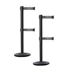 Crowd Control Warehouse CCW Set of 2 Dual Retractable Belt Barrier Stanchion, Cast Iron Base Black Post, IRBB-100D (11 Belt, Black with"This LINE Closed" White Letters Belt)