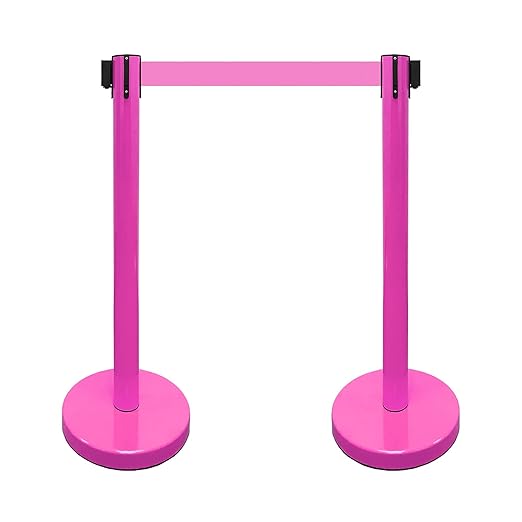VIP Crowd Control Retractable Belt Stanchion Queue Safety Barrier Set, 36" Ht, 78" Belt + Wall Bracket (6 Magenta Pink Posts Pink Belt + SFrame + WBracket)