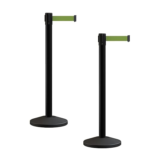 Crowd Control Warehouse CCW Series RBB-100 - Set of 2 Stanchion Retractable Belt Barriers - 9 Foot, Olive Belt with Black Post - Easy Assembly