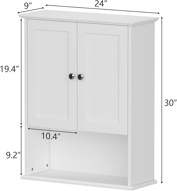 Medicine Cabinet, Over The Toilet Storage Cabinet, 24x30 Inch Wall Mount Bathroom Storage Cabinet with 2 Doors & Adjustable Shelf, Wooden Bathroom Wall Cabinet, White