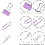 Purple Binder Clips and Paper Clips Push Pins Tacks Sets, Total 72 PCS Assorted Sizes Office Supplies Set for Women, Student, School, Home & Desk Supplies