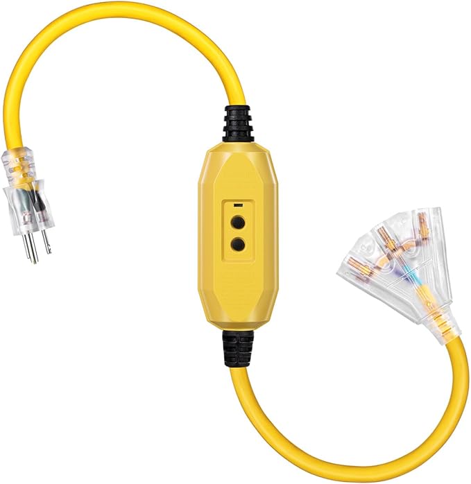3 FT Auto GFCI Extension Cord Outdoor with 3 Prong Plugs, 12/3 SJTW Heavy Duty Power Cable with Multiple Outlets, 3 Outlets with Indicator Light, UL Listed, Yellow