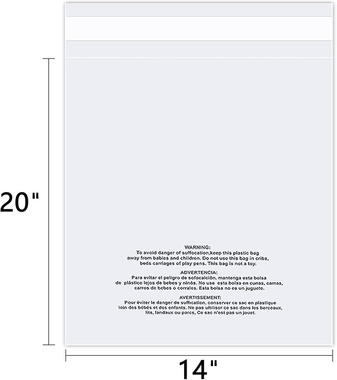 iMailer - 200 Count - 14" x 20" Clear Plastic Poly Bags with Suffocation Warning Self Seal 1.6 Mil for Clothing, T-Shirts, Pants-Resealable Adhesive,Not Strong