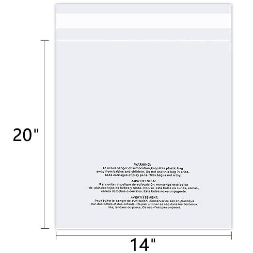 iMailer - 100 Count - 14" x 20" Clear Plastic Poly Bags with Suffocation Warning Self Seal 1.6 Mil for Clothing, T-Shirts, Pants-Resealable Adhesive,Not Strong
