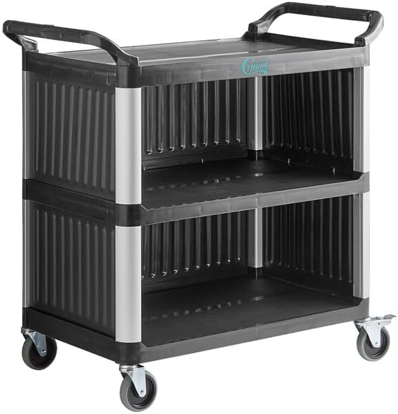 3-Shelf Black Plastic Utility Cart with Side Panels, 38 x 20 Inches, 450 lb Capacity, Medium Duty Bussing Cart with Casters