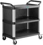 3-Shelf Black Plastic Utility Cart with Side Panels, 38 x 20 Inches, 450 lb Capacity, Medium Duty Bussing Cart with Casters