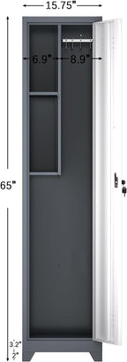 LUCYPAL Slim Broom Storage Cabinet with Shelves,Metal Cleaning Tool Cabinet with Locking Doors and Hanging Rod,Tall Broom Utility Closet Cabinets for Kitchen,Pantry,Home Office,White&Grey