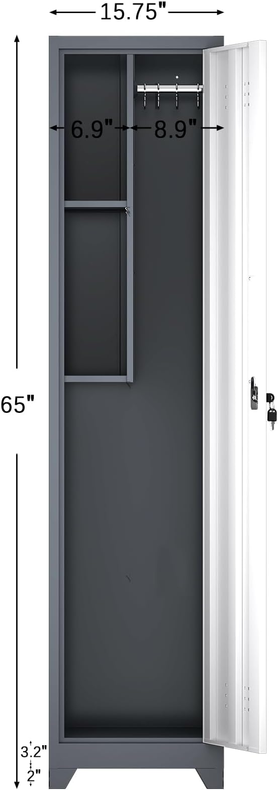LUCYPAL Slim Broom Storage Cabinet with Shelves,Metal Cleaning Tool Cabinet with Locking Doors and Hanging Rod,Tall Broom Utility Closet Cabinets for Kitchen,Pantry,Home Office,White&Grey