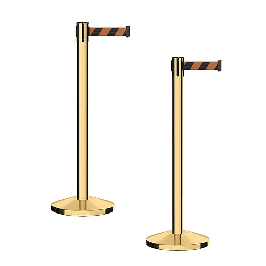 CCW Series RBB-100 - Set of 2 Stanchion Retractable Belt Barriers (7.5 Foot Belt, Black and Orange Diagonal Belt with Polished Brass Post)