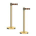 CCW Series RBB-100 - Set of 2 Stanchion Retractable Belt Barriers (7.5 Foot Belt, Black and Orange Diagonal Belt with Polished Brass Post)