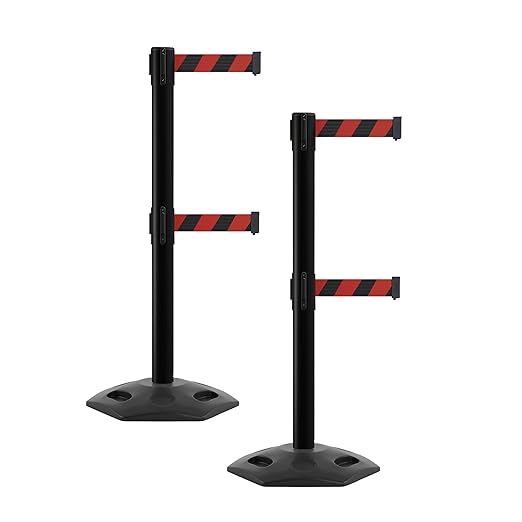 CCW Series WBB-200D - Set of 2 Retractable Dual Belt Barrier Stanchion, Heavy Duty Rubber Base, Black Post (7.5 Foot Belt, Black and Red Diagonal Belt)