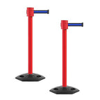 Montour Line MSR760 Set of 2 Retractable Belt Barrier Stanchion, Rubber Base, Red Post (35 ft Black with Horizontal Blue Stripe Belt)