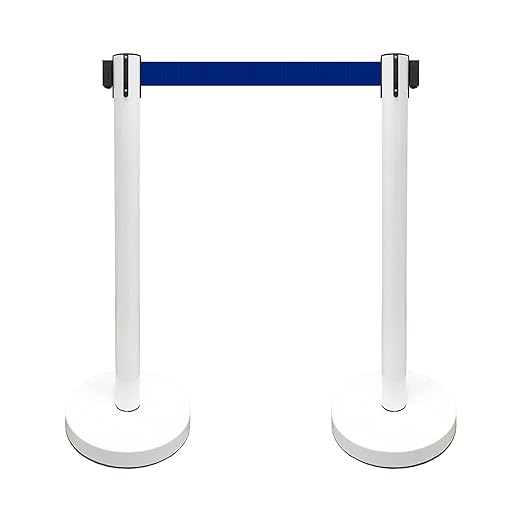 VIP Crowd Control Retractable Belt Stanchion Queue Safety Barrier Set, 36" Ht, 78" Belt (2 WHT Posts Blue Belt)