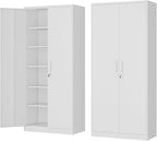 Metal Storage Cabinet-72” Tall Steel File Cabinets with Lockable Doors and 5 Adjustable Shelves-White Steel Storage Cabinet for Home, School, Office, Garage