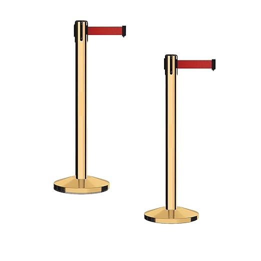 Crowd Control Warehouse CCW Series RBB-150 - Set of 2 Stanchion Retractable Belt Barriers - 16 Foot, Red Belt with Polished Brass Steel Post - Easy Assembly