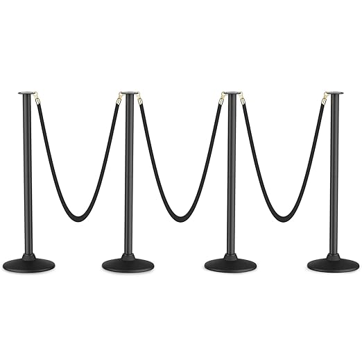 RoadHero Plastic Stanchion Post, Black Velvet Ropes and Poles with Weighted Base, Ropes Safety Barriers for Crowd Control, Party and Movie Theater, 4 PCS