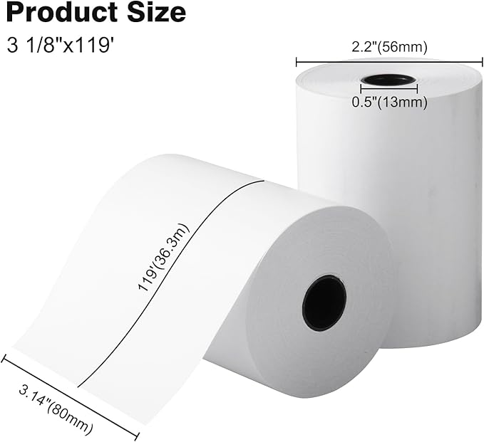 50 Rolls, 3 1/8" x 119' GOLDEN WIND Thermal Paper Receipt for Cash Register/POS Printres, 55gsm Premium Quality, White and BPA Free