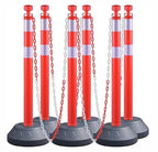 6 Pack 40 Inch Traffic Delineator Posts with Fillable Base and 6.6FT Plastic Chain, Safety Delineator Post Cones with 2 White Reflective Stripes for Construction Work (Red)