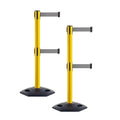 CCW Series WBB-200D - Set of 2 Retractable Dual Belt Stanchion Safety Barrier, Heavy-Duty Rubber Base Yellow Post (7.5 Foot Belt, Light Grey Belt)
