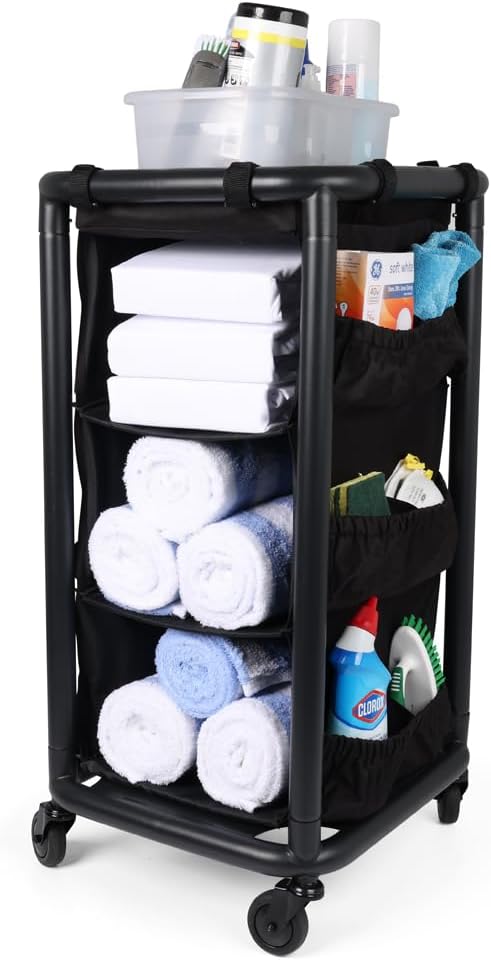 Multipurpose Rolling Janitorial Cart – Ideal for Garage Organization, Car Detailing, Laundry Room/Home Cleaning – Compact Utility Cart on Wheels w/Steel Frame, Organizer & Black Bag – Matte Black