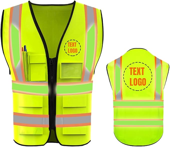 YOWESHOP High Reflective Visibility Safety Vest Custom Your Logo Safety Workwear with Reflective Strips and Front Zipper