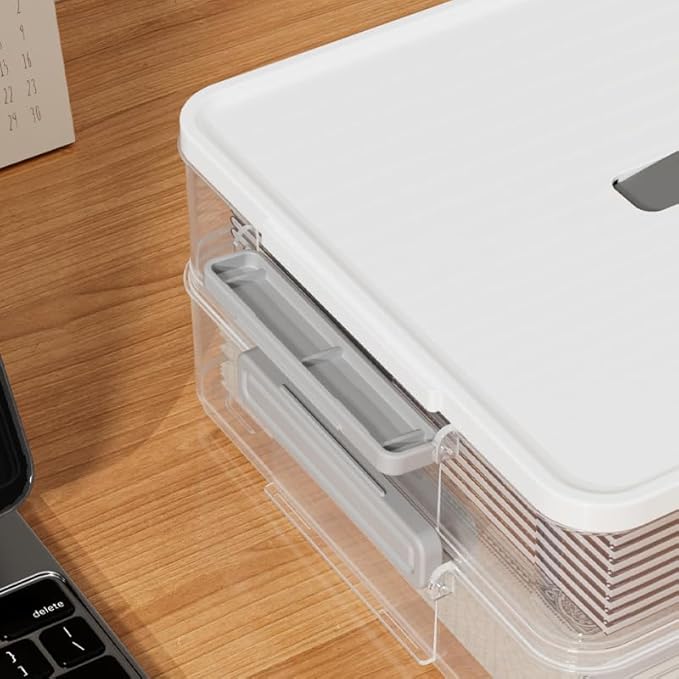 Portable Project Case Clear File Box with lids and Handle, Storage Containers for Stationery, Sewing, Art Craft, A4 Paper, 8.5" x 11" letters, Protecting Scrapbooks, Crafts, Office Supplies (2-Layer)