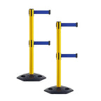 Crowd Control Warehouse CCW Set of 2 Retractable Dual Belt Stanchion Safety Barrier, Heavy-Duty Rubber Base Yellow Post, WBB-200D (7.5 Foot Belt, Dark Blue Belt)