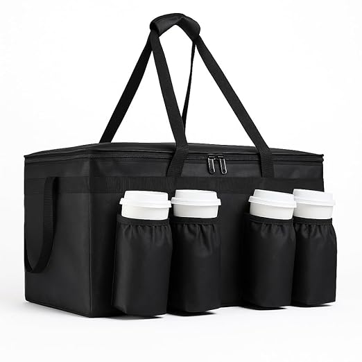 Insulated Food Delivery Bag with 4 Cup Holders, XX-Large Insulated Grocery Bags Keep Food Hot/Cold, Cooler Bags with Drink Carrier, Food Carrier Catering Bag, Commercial Food Warmers, Black
