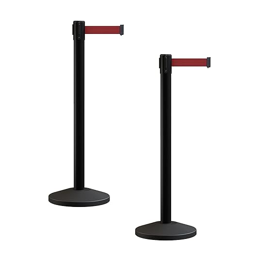 Crowd Control Warehouse CCW Series RBB-100 - Set of 2 Stanchion Retractable Belt Barriers - 11 Foot, Maroon Belt with Black Post - Easy Assembly