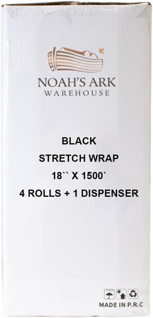 Noah's Ark Warehouse 18" x 1500FT Industrial Class Pallet Wrap, 60 Gauge 4 Rolls Black Stretch Film for Warehouse Packing, Adhering Packing Moving Packaging (4 Pack)