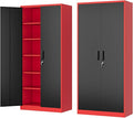 Metal Storage Cabinet-72” Tall Steel File Cabinets with Lockable Doors and Adjustable Shelves-Black&Red Steel Storage Cabinet for Home, School, Office, Garage